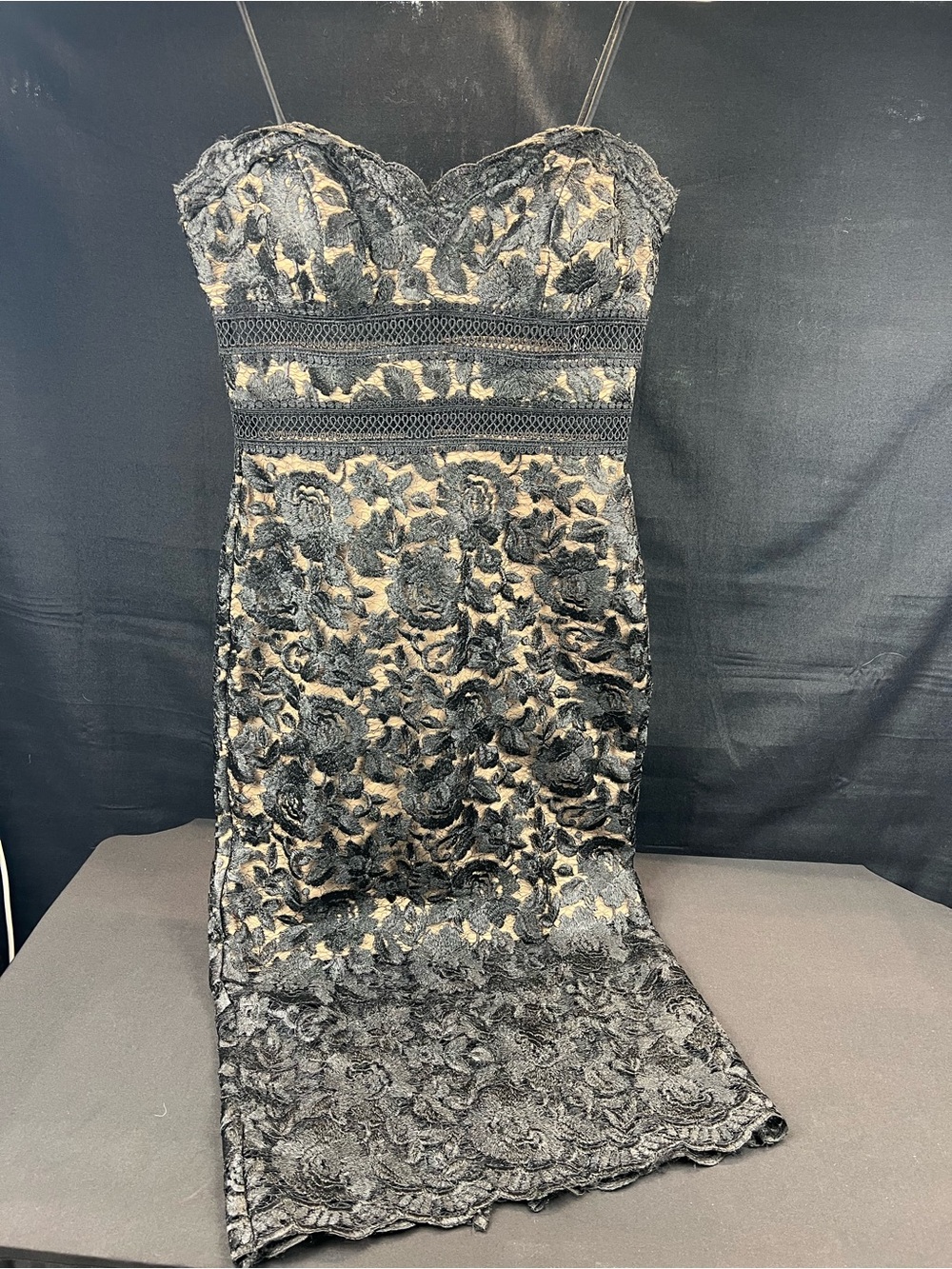 Xscape Strapless Black Lace Dress with Nude Underlay